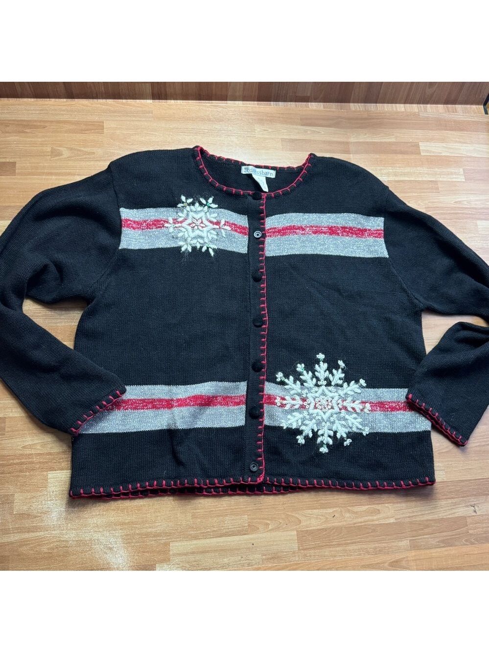 Christmas snowflake zip up cardigan black vintage sweater dress barn size XL